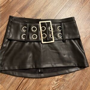 Rad leather Black mini micro belted grommet skirt